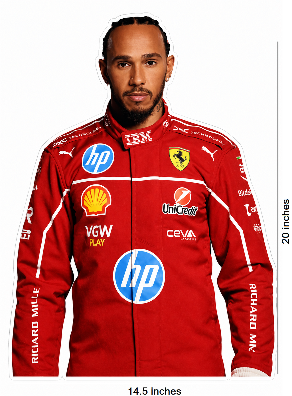 Lewis Hamilton Ferrari F1 Custom Cutout & "HAM" Logo Bubble Guard Sheet Standee – Premium Life-Size & Tabletop Display