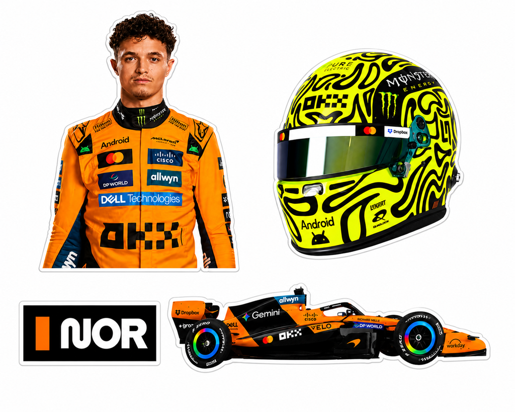 Lando Norris F1 Racing Bubble Guard Sheet Cutout Set | McLaren Formula 1 Driver, Helmet, Race Car & NOR Logo | Waterproof Corrugated Plastic Wall Decor