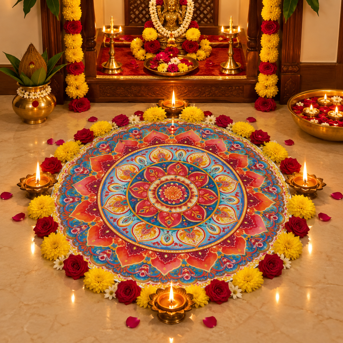 Cutout Traditional Floral Mandala Rangoli  | Bubble Guard Sheet Mat for Diwali & Festival Decor /Reusable Round Mandala Floor Rangoli Mat for Home & Pooja Decoration