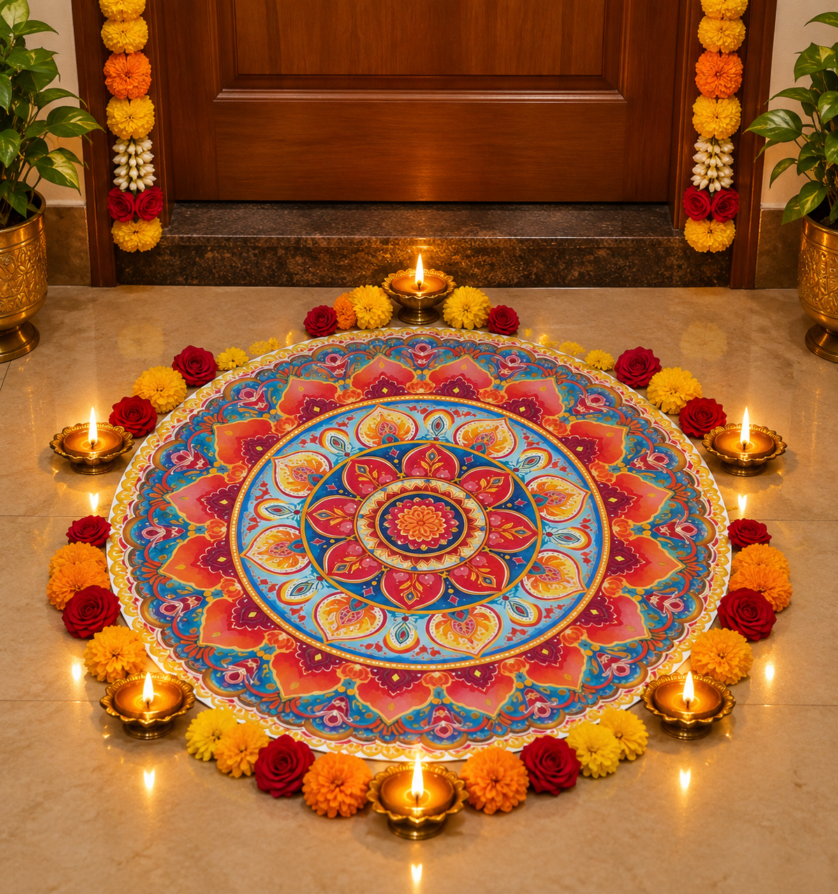Cutout Traditional Floral Mandala Rangoli  | Bubble Guard Sheet Mat for Diwali & Festival Decor /Reusable Round Mandala Floor Rangoli Mat for Home & Pooja Decoration