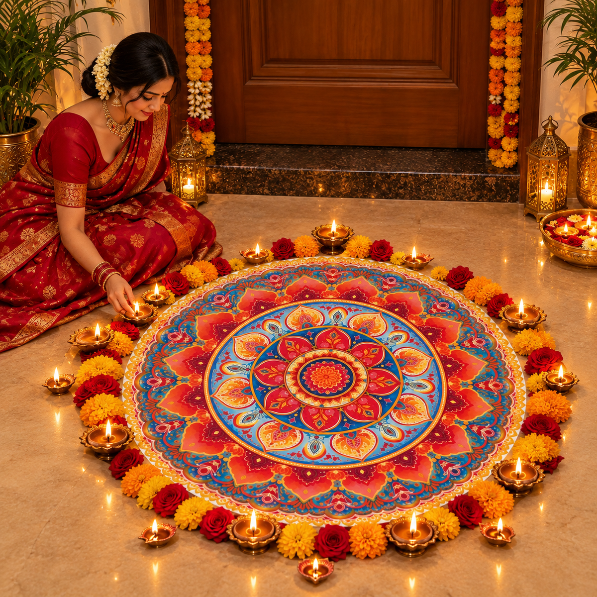 Cutout Traditional Floral Mandala Rangoli  | Bubble Guard Sheet Mat for Diwali & Festival Decor /Reusable Round Mandala Floor Rangoli Mat for Home & Pooja Decoration
