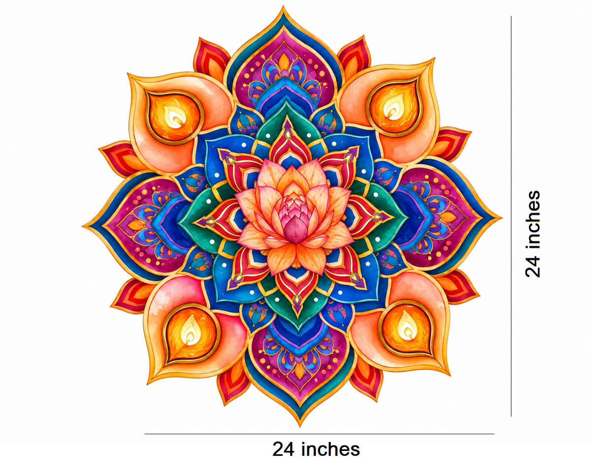 Bubble Guard Sheet Rangoli Mat for Diwali Decoration | Colorful Lotus & Diya Mandala Floor Rangoli | Reusable Festive Floor Decor for Home, Entrance, Pooja Room & Festival Celebrations