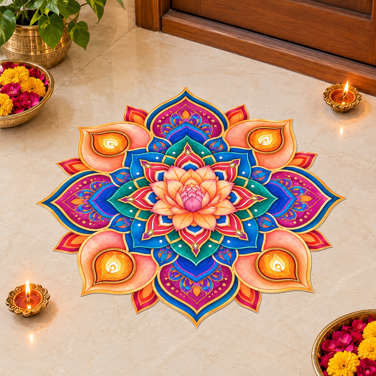 Bubble Guard Sheet Rangoli Mat for Diwali Decoration | Colorful Lotus & Diya Mandala Floor Rangoli | Reusable Festive Floor Decor for Home, Entrance, Pooja Room & Festival Celebrations