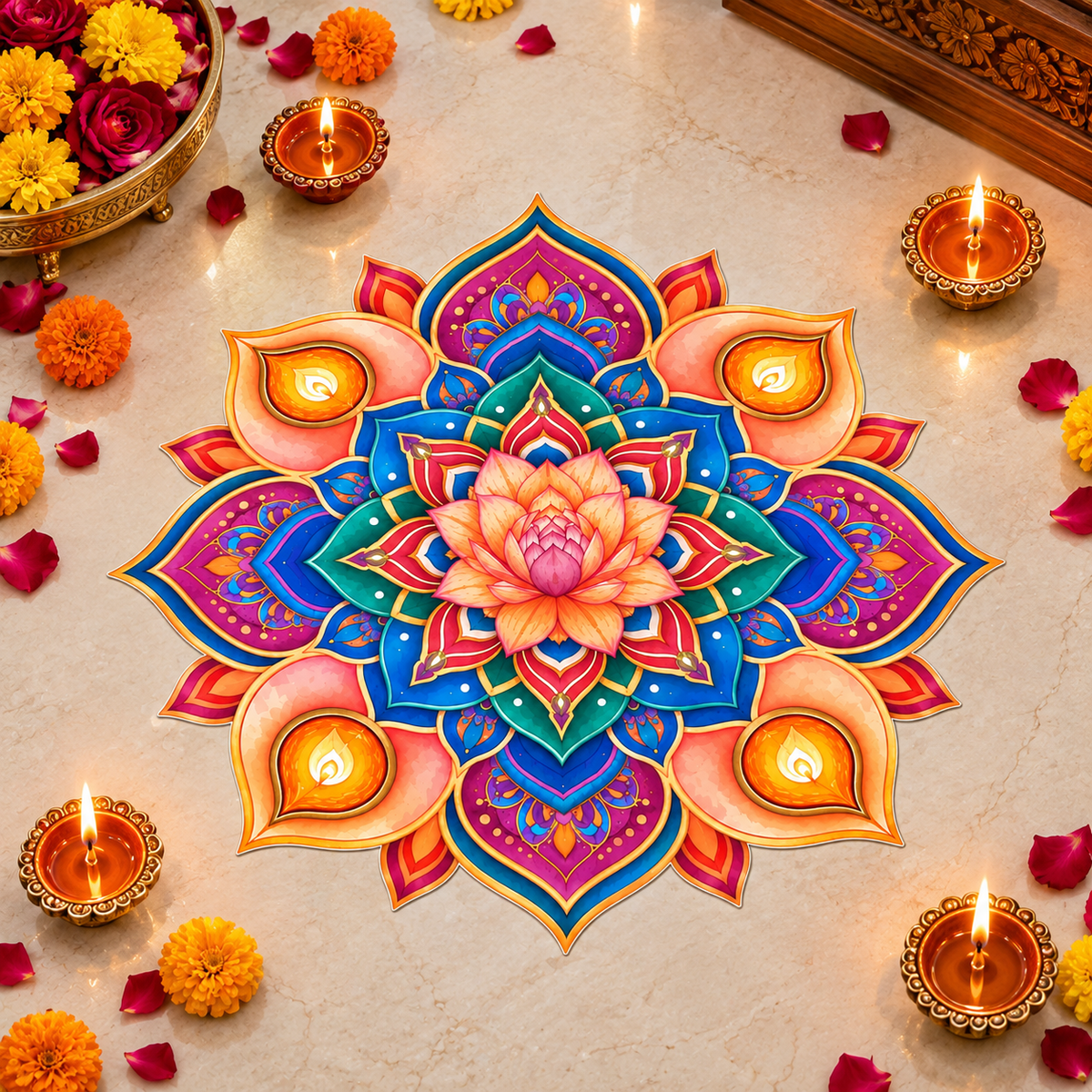 Bubble Guard Sheet Rangoli Mat for Diwali Decoration | Colorful Lotus & Diya Mandala Floor Rangoli | Reusable Festive Floor Decor for Home, Entrance, Pooja Room & Festival Celebrations