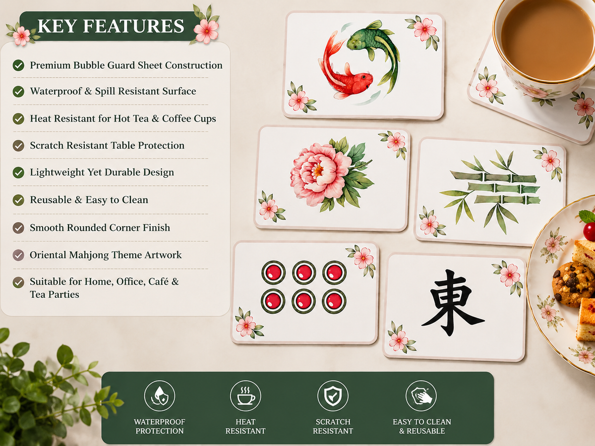 Mahjong Theme  Bubble Guard Sheet Table Mat | 18 x 11 Inches Decorative Waterproof & Heat Resistant Placemat | Reusable Table Protection for Mahjong Party, Game Night & Home Décor
