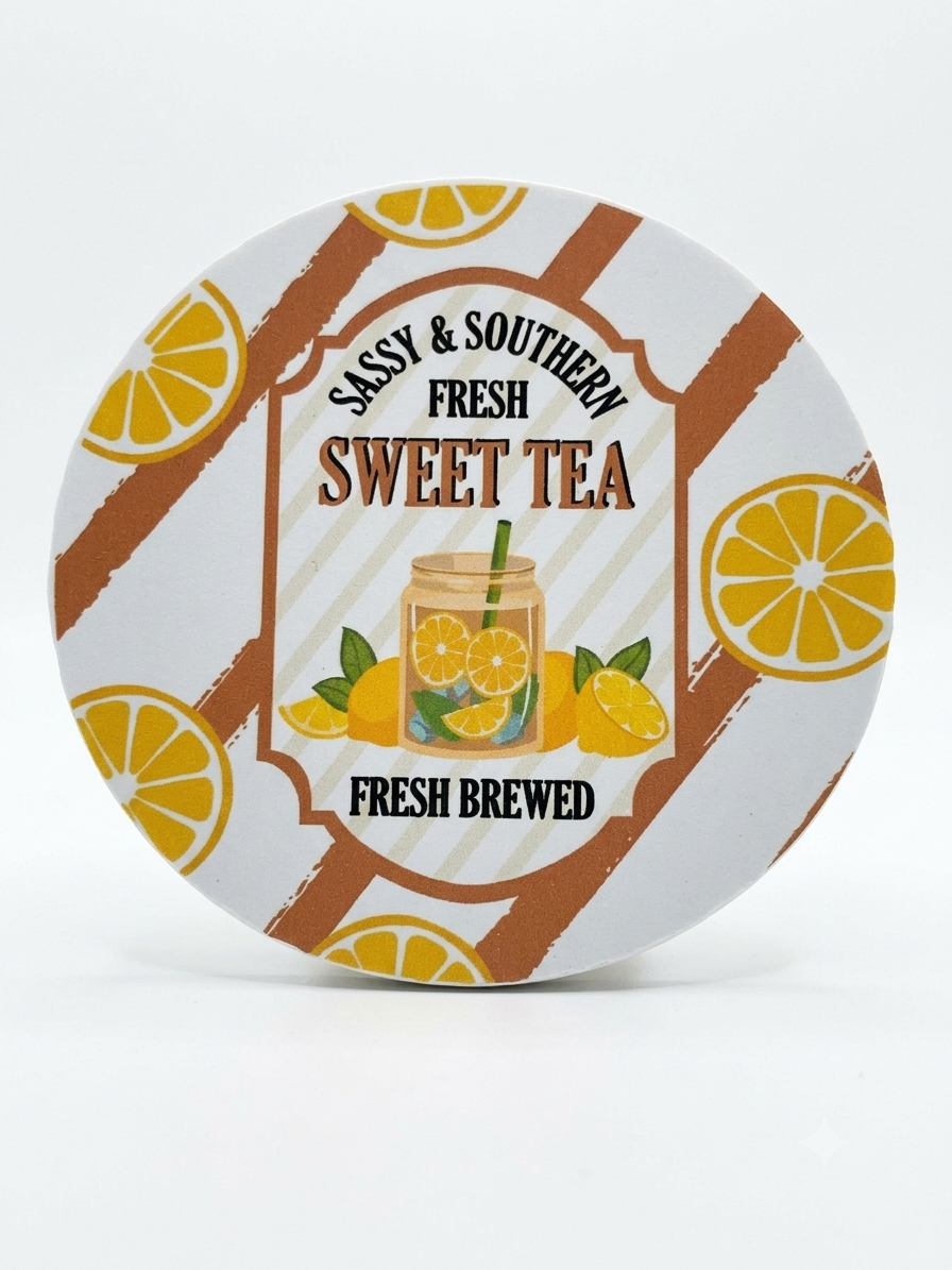 Round Bubble Guard Sheet Coaster 4-Inch – Sassy & Southern Fresh Sweet Tea Print | Lightweight, Water-Resistant, Heavy-Duty Polypropylene Drink Mat for Coffee Tables, Desks & Countertops