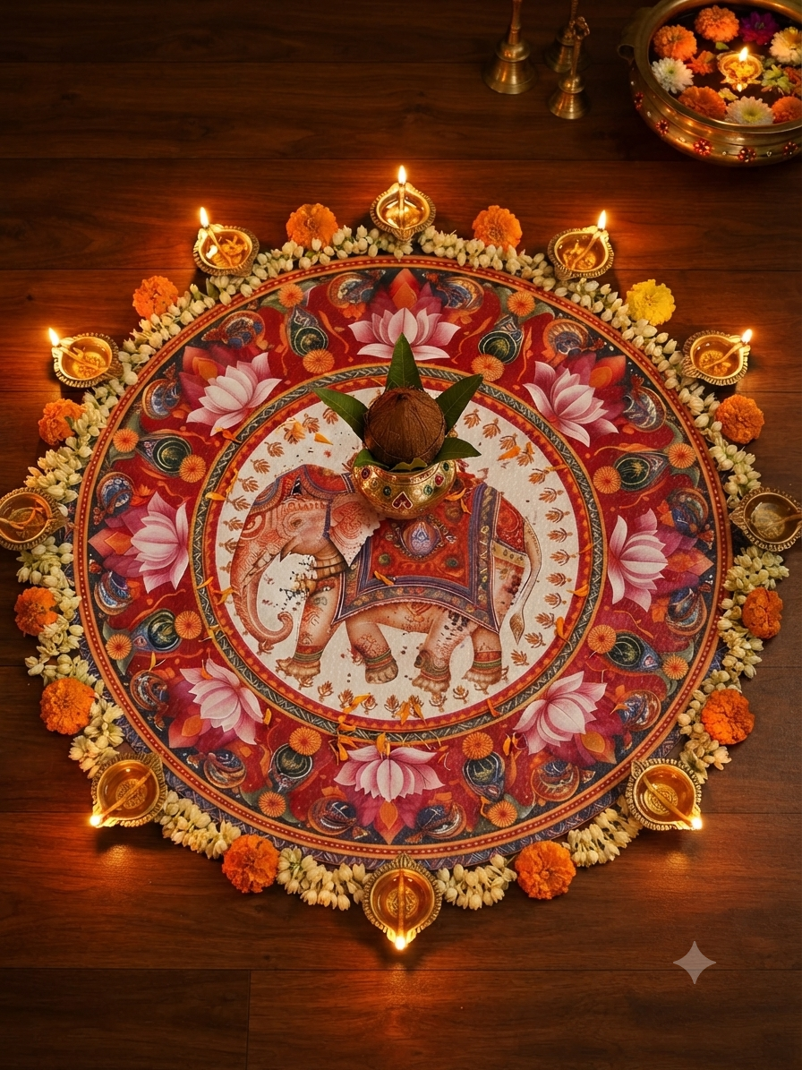 Elephant & Lotus Design Rangoli Mat | Waterproof Bubble Guard Sheet for Diwali & Festival Home Decor/Traditional Indian Elephant Motif Floor Decor Cutout – Heavy-Duty Bubble Guard Sheet for Pooja, Festival, and Entrance Decoration