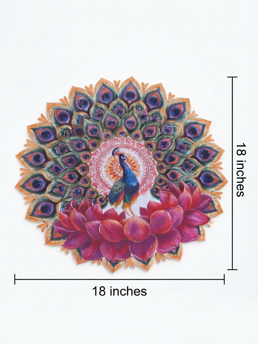Bubble Guard Sheet Cutout  Round Peacock & Lotus Rangoli | Reusable Festival & Diwali Floor Decoration Mat /Vibrant Peacock Design Rangoli Mat for Home Decor | Waterproof Bubble Guard Cutout for Festive Celebrations