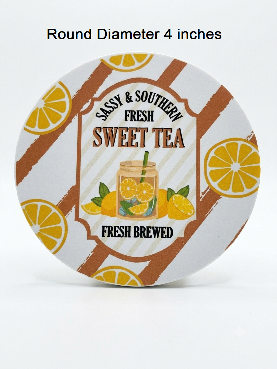 Round Bubble Guard Sheet Coaster 4-Inch – Sassy & Southern Fresh Sweet Tea Print | Lightweight, Water-Resistant, Heavy-Duty Polypropylene Drink Mat for Coffee Tables, Desks & Countertops