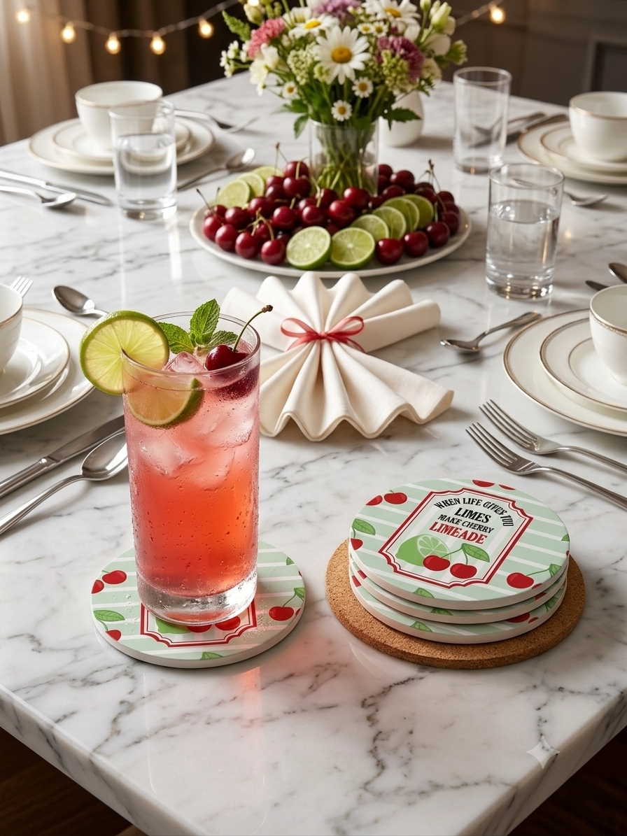 When Life Gives You Limes Make Cherry Limeade Quote Print | Lightweight, Water-Resistant, Heavy-Duty Polypropylene Drink Mat for Home Bar, Kitchen, Desk & Outdoor Tables