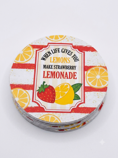 "When Life Gives You Lemons Make Strawberry Lemonade" Quote Print | Lightweight, Water-Resistant, Heavy-Duty Polypropylene Drink Mat for Home Bar, Kitchen, Desk & Outdoor Tables