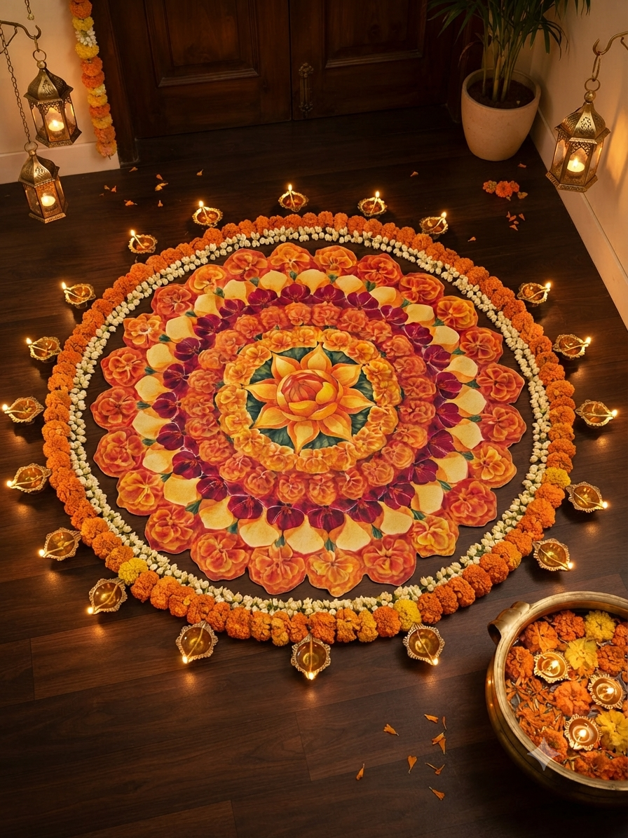 Flower Vibrant Marigold Flower Rangoli Mat for Home Decor | Waterproof Bubble Guard Cutout for Festive Celebration