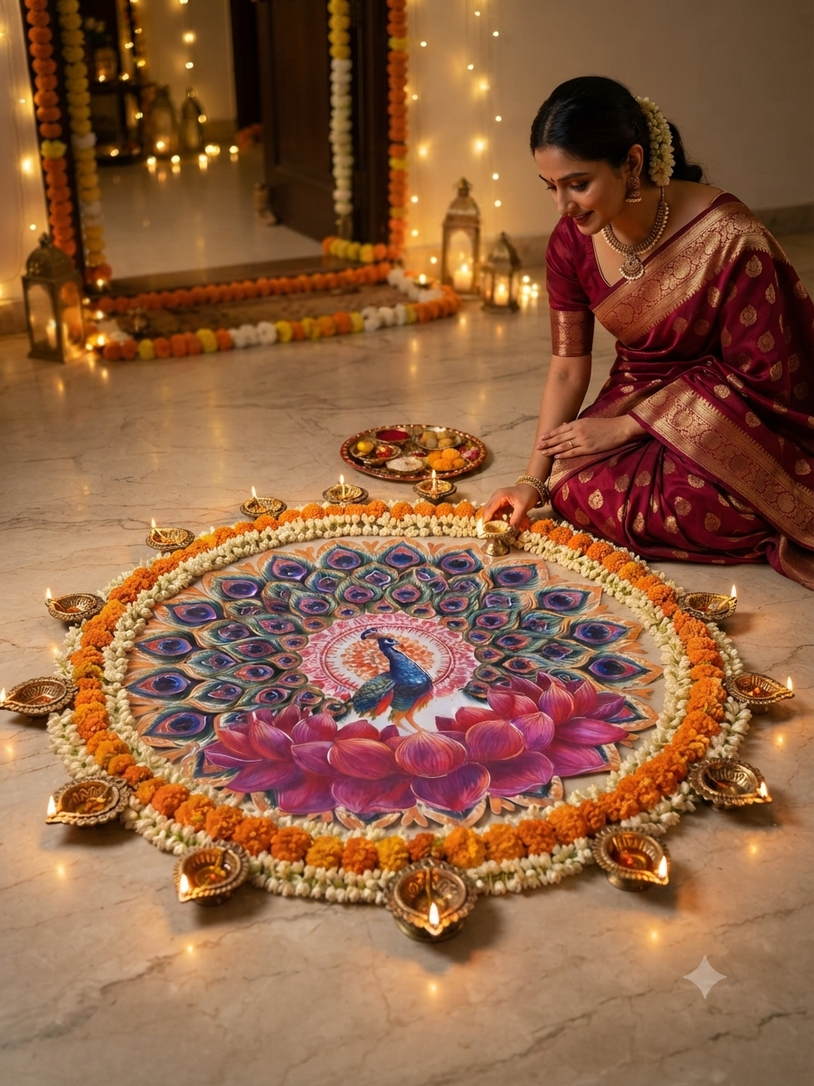 Bubble Guard Sheet Cutout  Round Peacock & Lotus Rangoli | Reusable Festival & Diwali Floor Decoration Mat /Vibrant Peacock Design Rangoli Mat for Home Decor | Waterproof Bubble Guard Cutout for Festive Celebrations