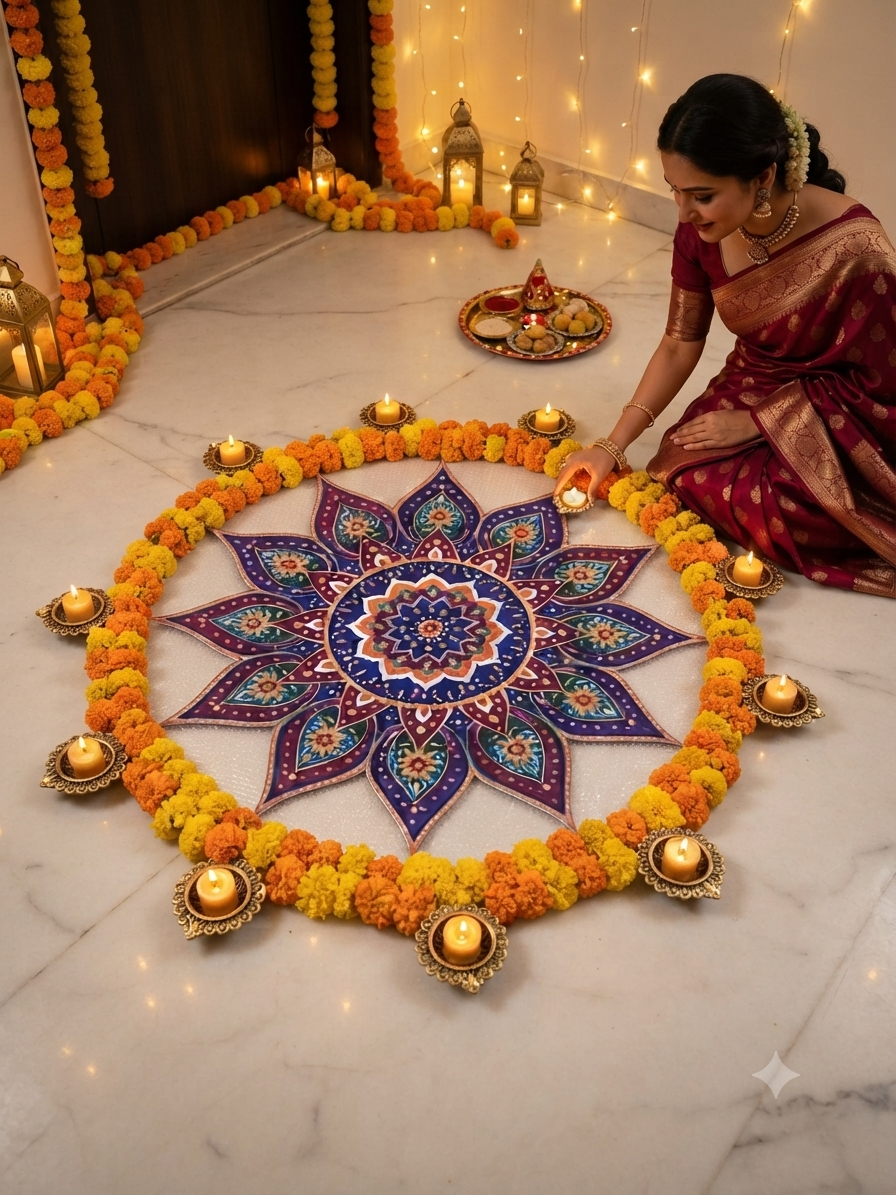 Blue & Purple Mandala Rangoli Mat Bubble Guard Sheet Cutout | Reusable Festival & Diwali Floor Decoration Mat