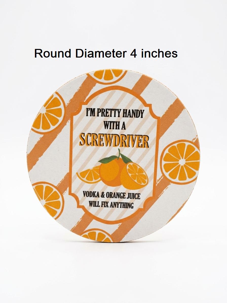 Pretty Handy With A Screwdriver" Funny Cocktail Drink Coaster | Durable, Waterproof, Lightweight Tabletop Protector for Home Bar, Kitchen, & Parties