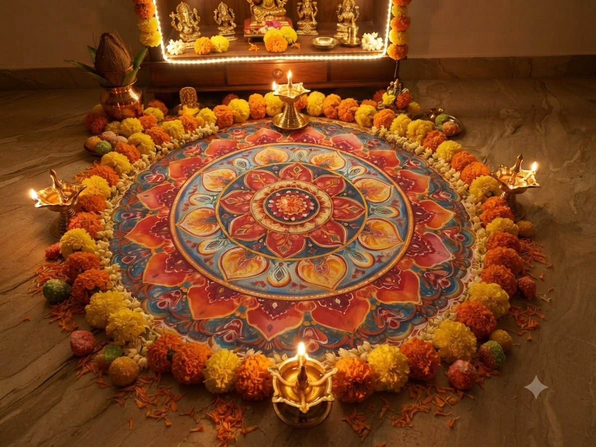 Cutout Traditional Floral Mandala Rangoli  | Bubble Guard Sheet Mat for Diwali & Festival Decor /Reusable Round Mandala Floor Rangoli Mat for Home & Pooja Decoration