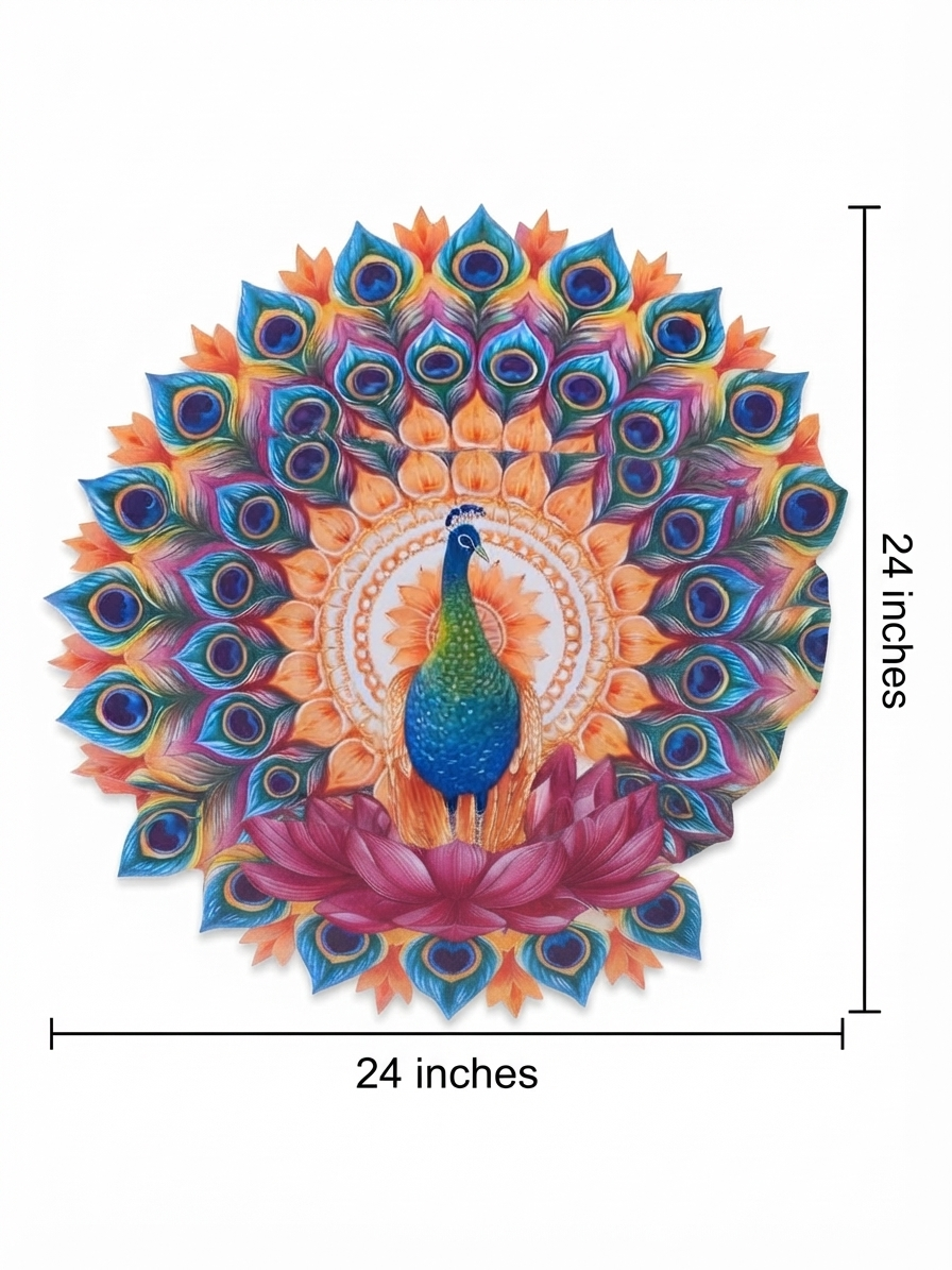 Blue Peacock Feather & Lotus Rangoli Bubble Guard Sheet Mat | Reusable Festival & Diwali Floor Decoration /Diwali & Puja Decorative Peacock Mandala Rangoli Sheet | Reusable Plastic Bubble Guard Cutout