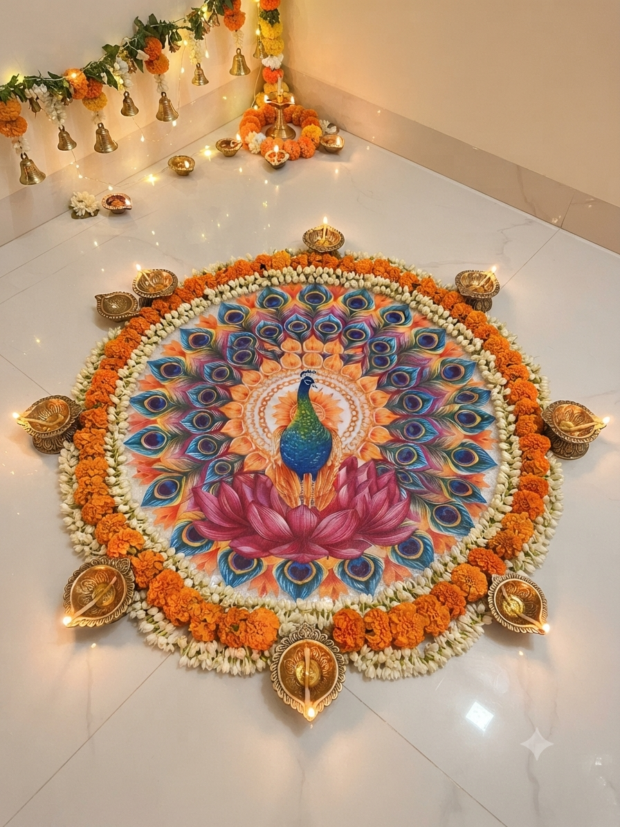 Blue Peacock Feather & Lotus Rangoli Bubble Guard Sheet Mat | Reusable Festival & Diwali Floor Decoration /Diwali & Puja Decorative Peacock Mandala Rangoli Sheet | Reusable Plastic Bubble Guard Cutout