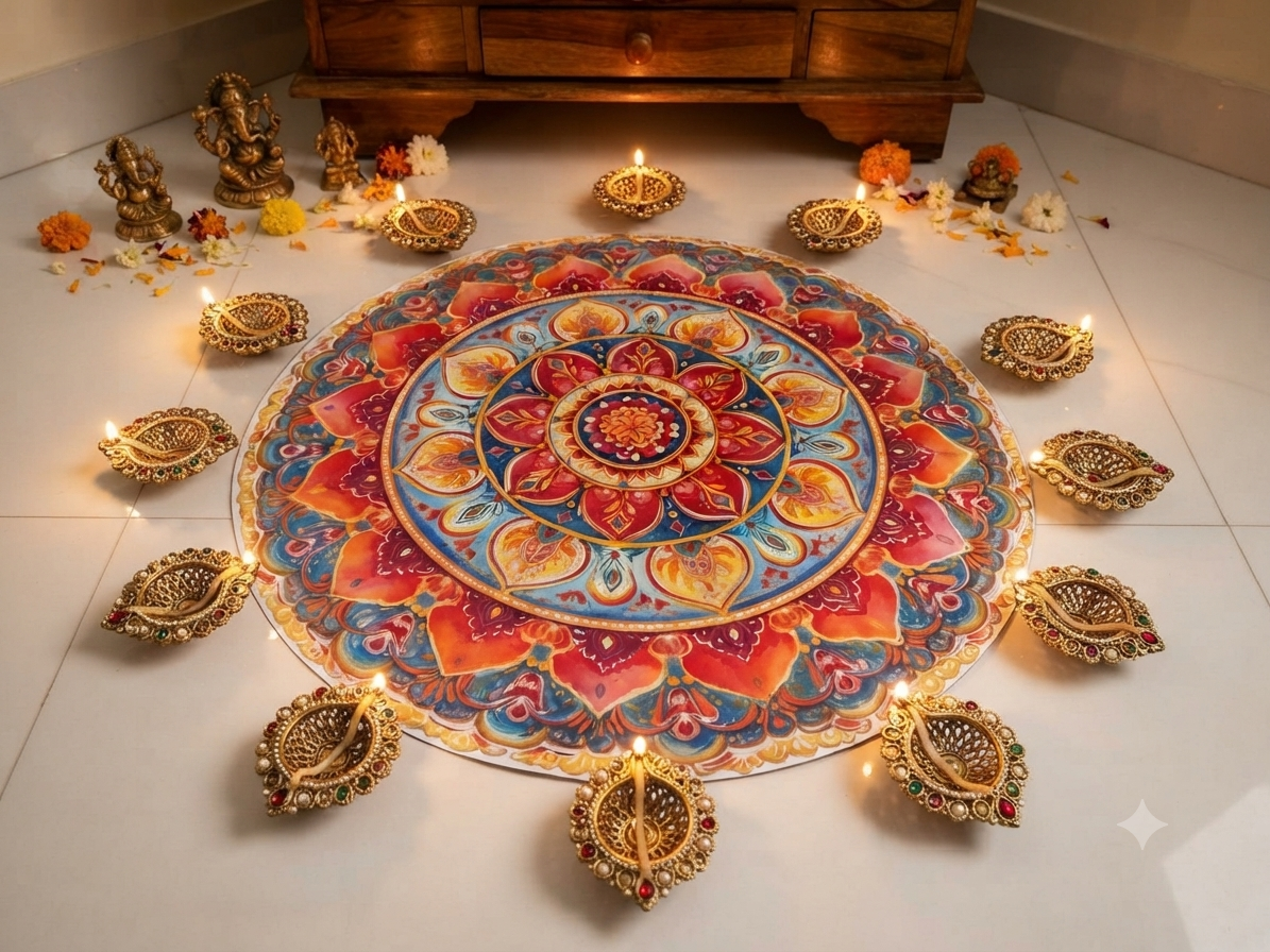 Cutout Traditional Floral Mandala Rangoli  | Bubble Guard Sheet Mat for Diwali & Festival Decor /Reusable Round Mandala Floor Rangoli Mat for Home & Pooja Decoration
