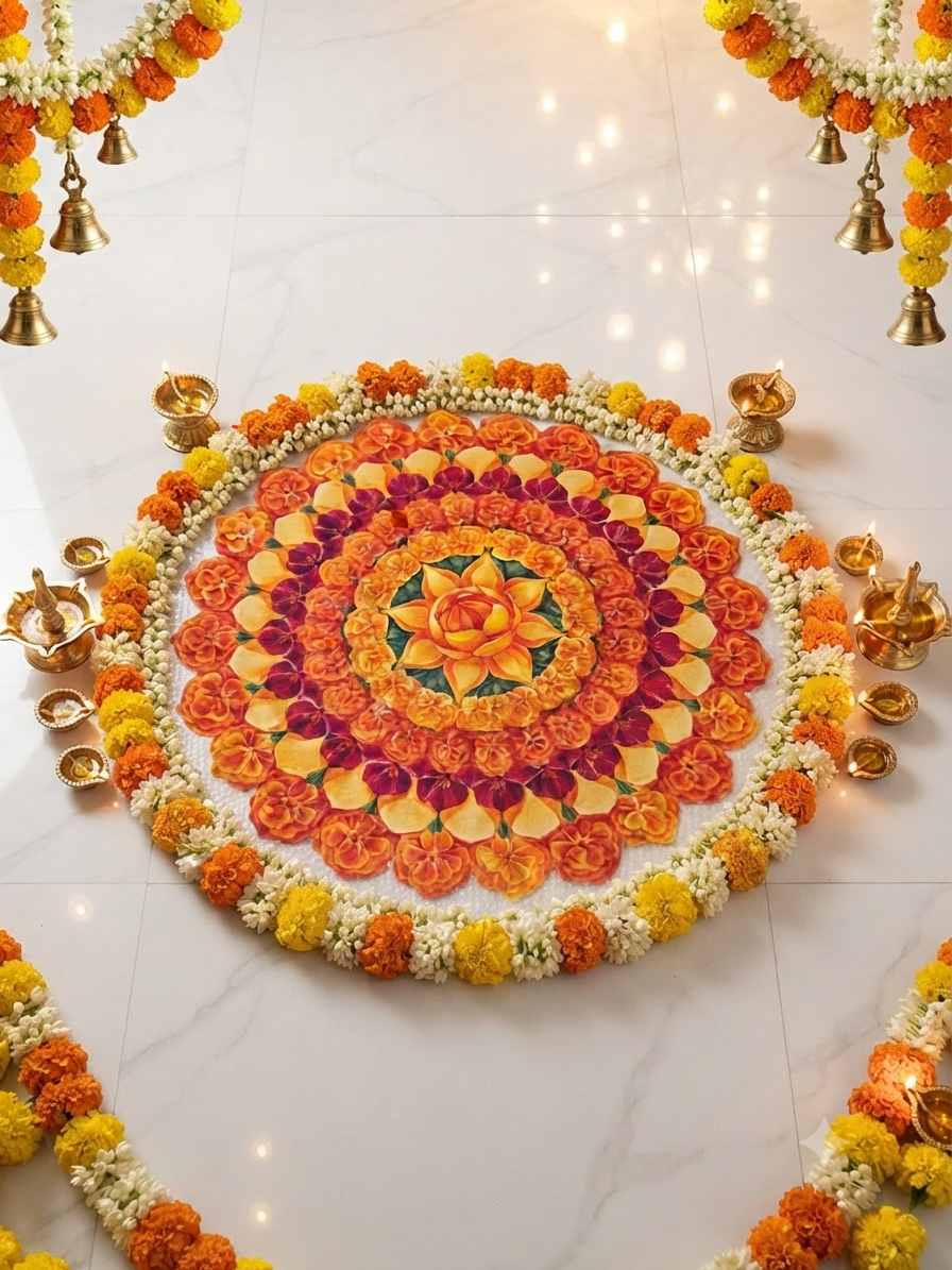 Flower Vibrant Marigold Flower Rangoli Mat for Home Decor | Waterproof Bubble Guard Cutout for Festive Celebration