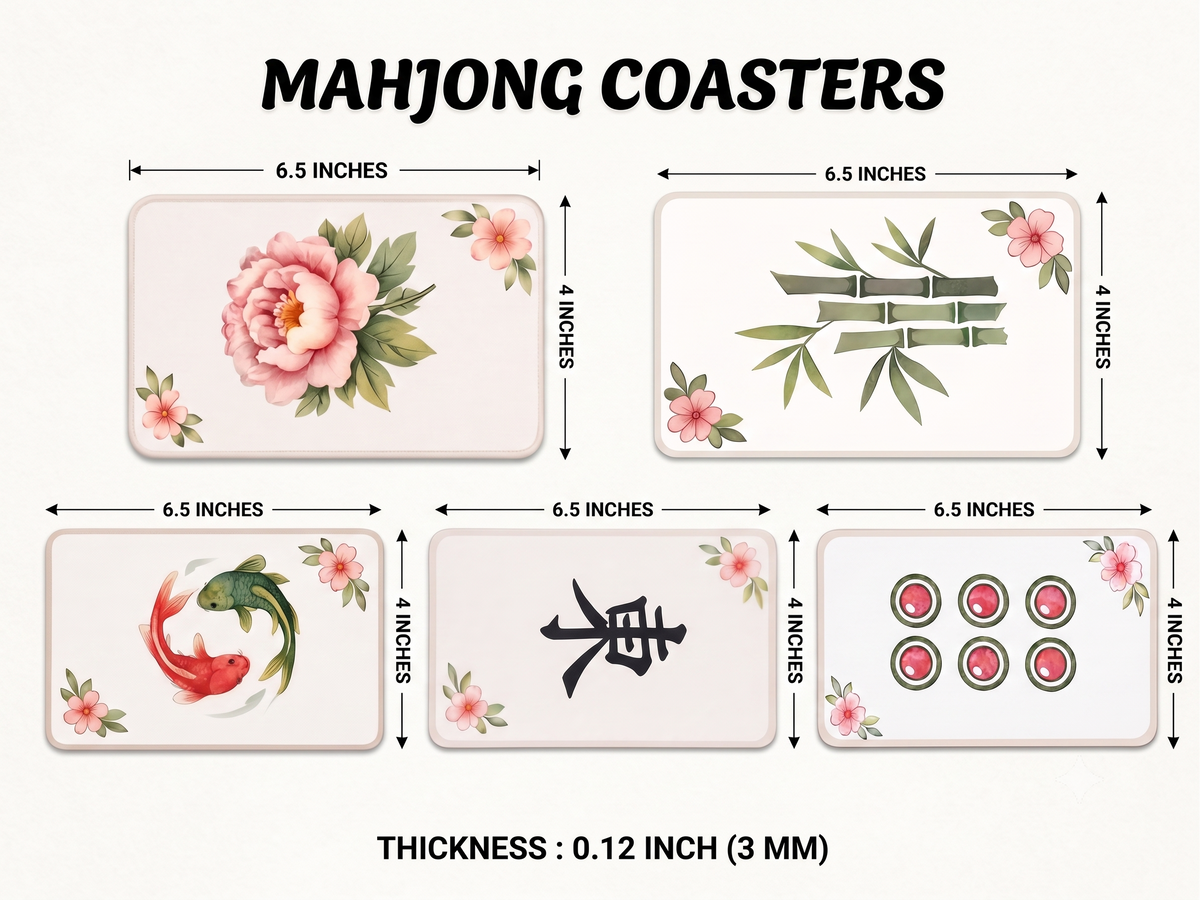Mahjong Coaster Bubble Guard Sheet 6.5 x 4 Inch, Decorative Mahjong Table Coaster with Floral Designs, Koi Fish, Bamboo & Chinese Character Artwork, Tabletop Drink Coaster & Mahjong Gift