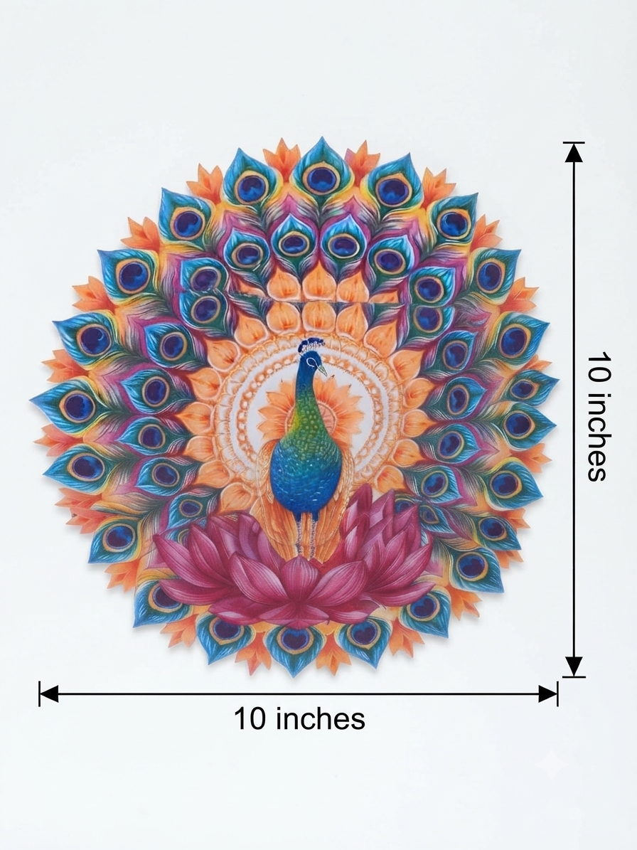 Blue Peacock Feather & Lotus Rangoli Bubble Guard Sheet Mat | Reusable Festival & Diwali Floor Decoration /Diwali & Puja Decorative Peacock Mandala Rangoli Sheet | Reusable Plastic Bubble Guard Cutout