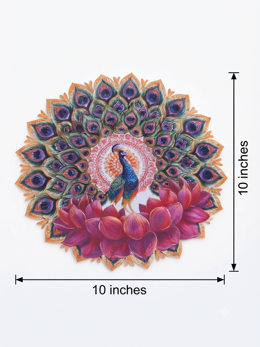 Bubble Guard Sheet Cutout  Round Peacock & Lotus Rangoli | Reusable Festival & Diwali Floor Decoration Mat /Vibrant Peacock Design Rangoli Mat for Home Decor | Waterproof Bubble Guard Cutout for Festive Celebrations