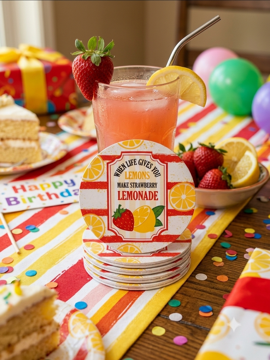 "When Life Gives You Lemons Make Strawberry Lemonade" Quote Print | Lightweight, Water-Resistant, Heavy-Duty Polypropylene Drink Mat for Home Bar, Kitchen, Desk & Outdoor Tables