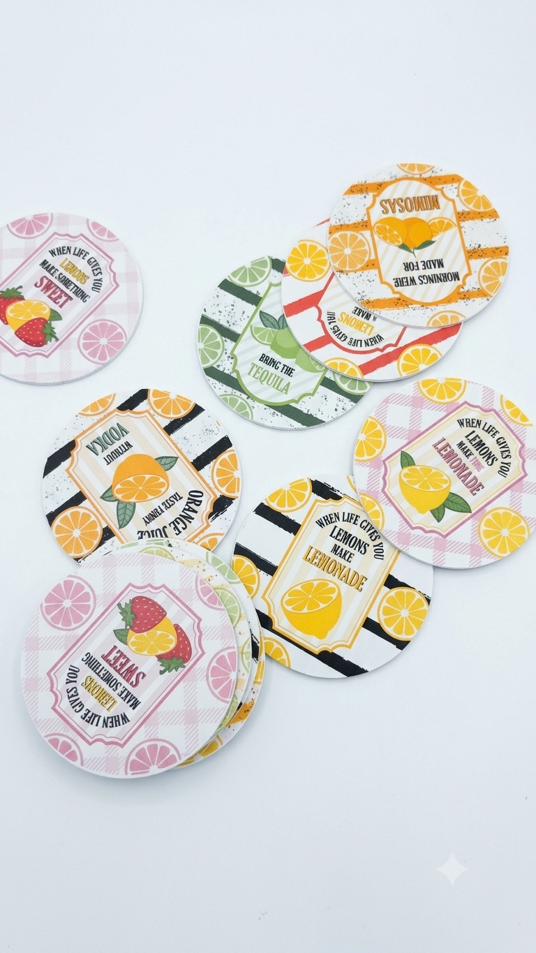 Mimosas, Tequila, Vodka/OJ, Lemonade  Sweet Fruit Themes Assorted 4-Inch Round Bubble Guard Sheet Coaster Set – Fun Citrus & Cocktail Party Quotes Assortment | Lightweight, Water-Resistant, Heavy-Duty Polypropylene Drink coaster