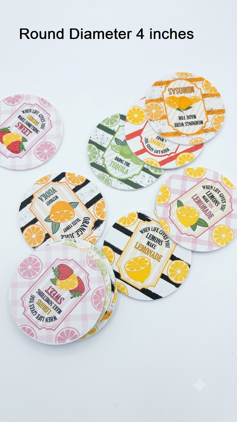 Mimosas, Tequila, Vodka/OJ, Lemonade  Sweet Fruit Themes Assorted 4-Inch Round Bubble Guard Sheet Coaster Set – Fun Citrus & Cocktail Party Quotes Assortment | Lightweight, Water-Resistant, Heavy-Duty Polypropylene Drink coaster