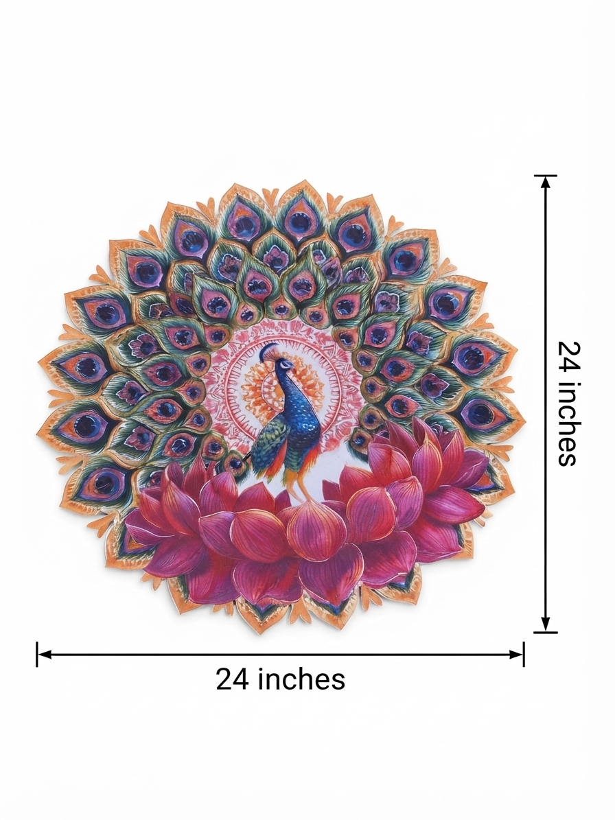 Bubble Guard Sheet Cutout  Round Peacock & Lotus Rangoli | Reusable Festival & Diwali Floor Decoration Mat /Vibrant Peacock Design Rangoli Mat for Home Decor | Waterproof Bubble Guard Cutout for Festive Celebrations