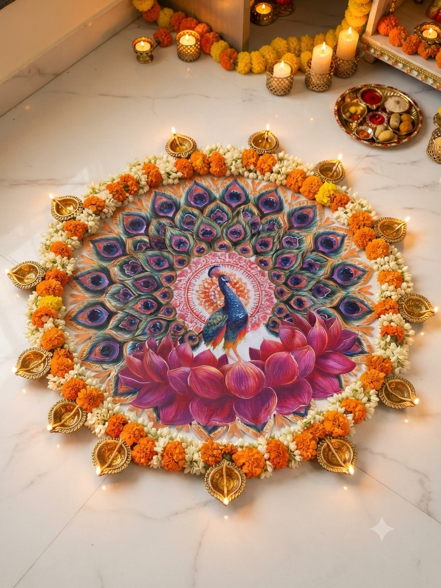 Bubble Guard Sheet Cutout  Round Peacock & Lotus Rangoli | Reusable Festival & Diwali Floor Decoration Mat /Vibrant Peacock Design Rangoli Mat for Home Decor | Waterproof Bubble Guard Cutout for Festive Celebrations