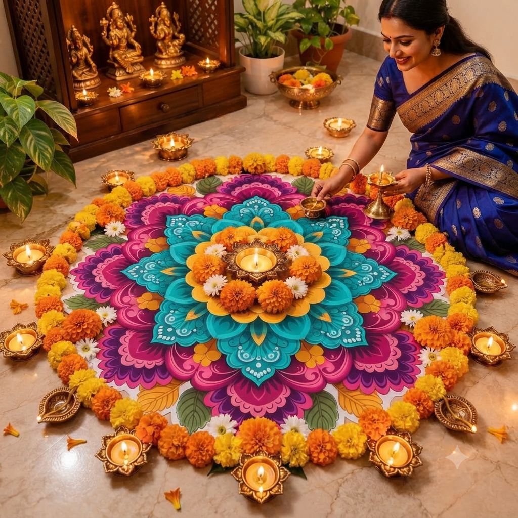 Bubble Guard Sheet Rangoli Mat for Diwali Decoration | Colorful flower & Diya Mandala Floor Rangoli | Reusable Festive Floor Decor for Home, Entrance, Pooja Room & Festival Celebrations