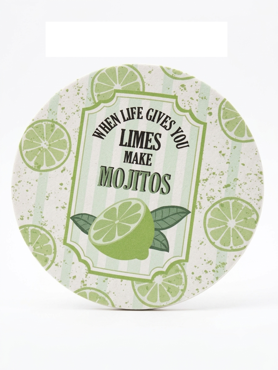Round Bubble Guard Sheet Coaster 4-Inch – "When Life Gives You Limes Make Mojitos" Quote Print | Lightweight, Water-Resistant, Heavy-Duty Polypropylene Drink Mat for Home Bar, Kitchen, Desk & Outdoor Tables