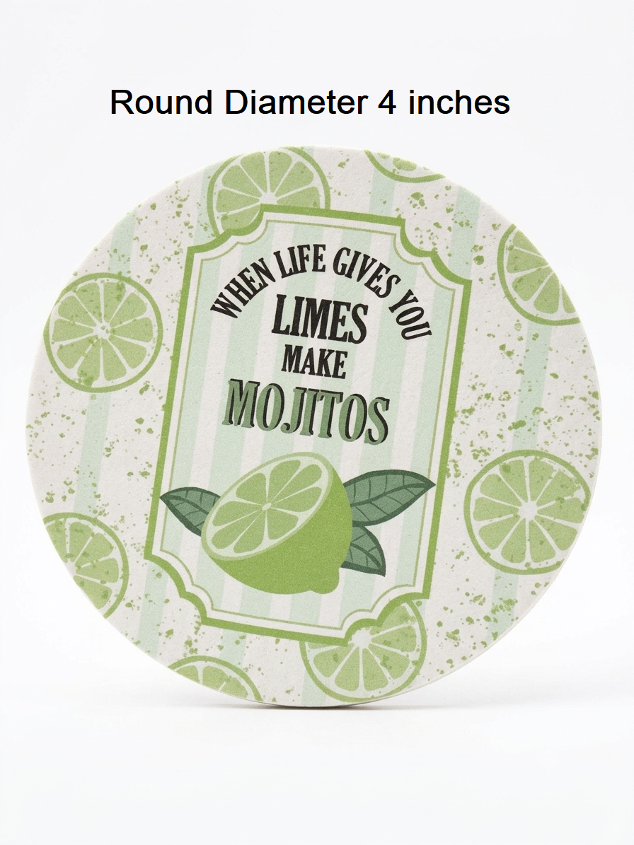 Round Bubble Guard Sheet Coaster 4-Inch – "When Life Gives You Limes Make Mojitos" Quote Print | Lightweight, Water-Resistant, Heavy-Duty Polypropylene Drink Mat for Home Bar, Kitchen, Desk & Outdoor Tables