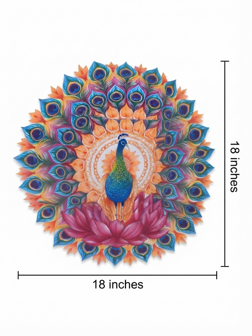 Blue Peacock Feather & Lotus Rangoli Bubble Guard Sheet Mat | Reusable Festival & Diwali Floor Decoration /Diwali & Puja Decorative Peacock Mandala Rangoli Sheet | Reusable Plastic Bubble Guard Cutout