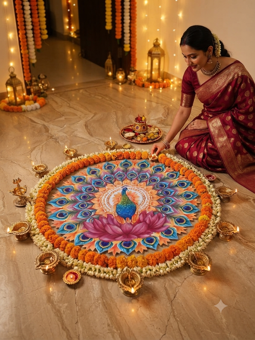 Blue Peacock Feather & Lotus Rangoli Bubble Guard Sheet Mat | Reusable Festival & Diwali Floor Decoration /Diwali & Puja Decorative Peacock Mandala Rangoli Sheet | Reusable Plastic Bubble Guard Cutout