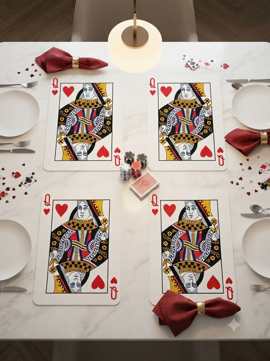 Playing Cards Theme Table Mat 13 x 18 Inch | Bubble Guard Sheet Placemat | Queen Design | Dining Table, Tea Time & Home Decor Mat