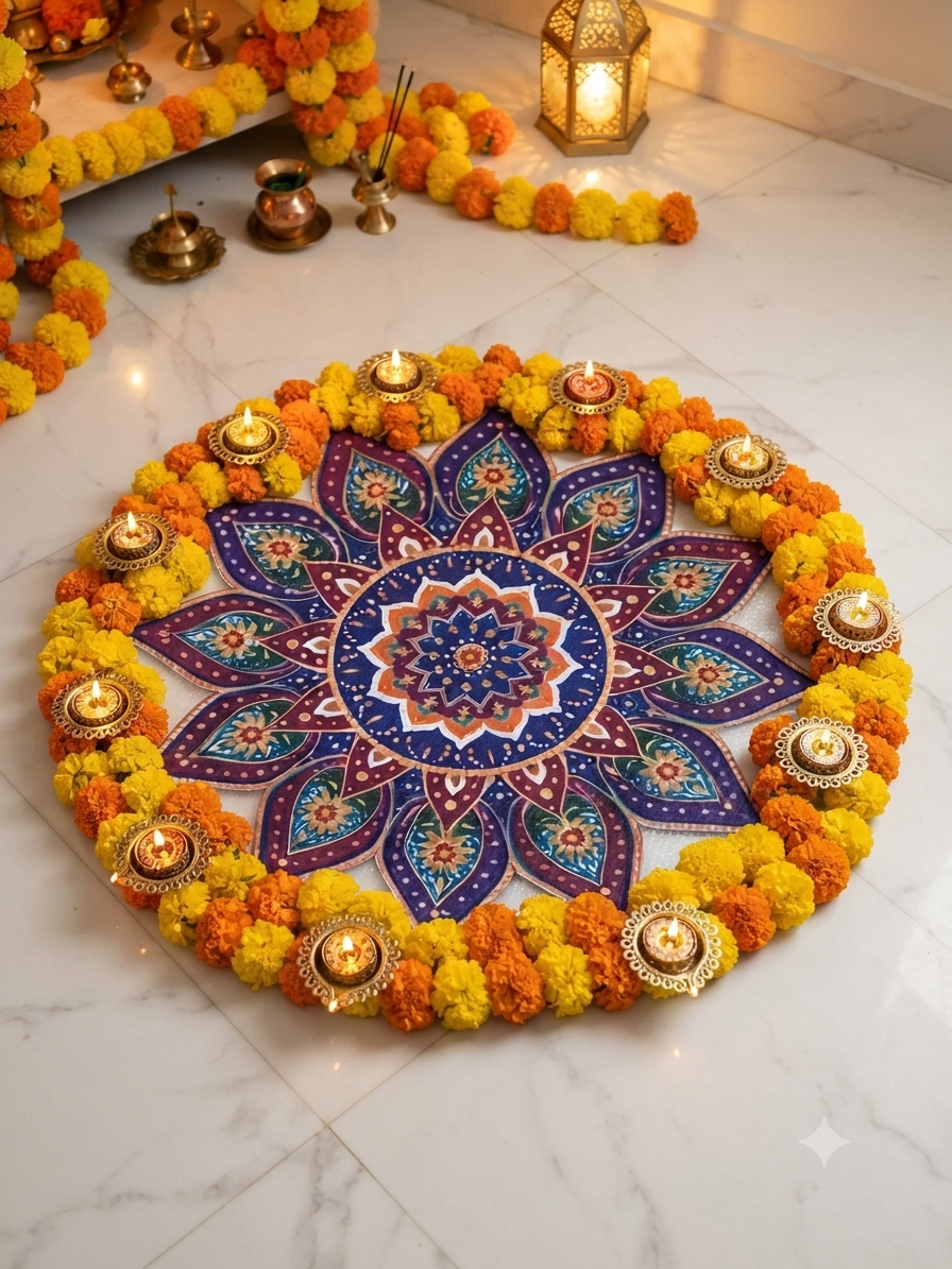Blue & Purple Mandala Rangoli Mat Bubble Guard Sheet Cutout | Reusable Festival & Diwali Floor Decoration Mat