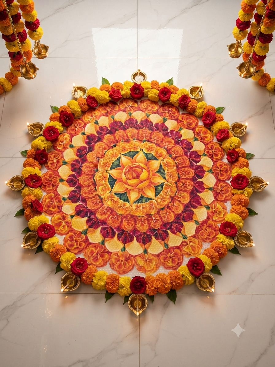 Flower Vibrant Marigold Flower Rangoli Mat for Home Decor | Waterproof Bubble Guard Cutout for Festive Celebration