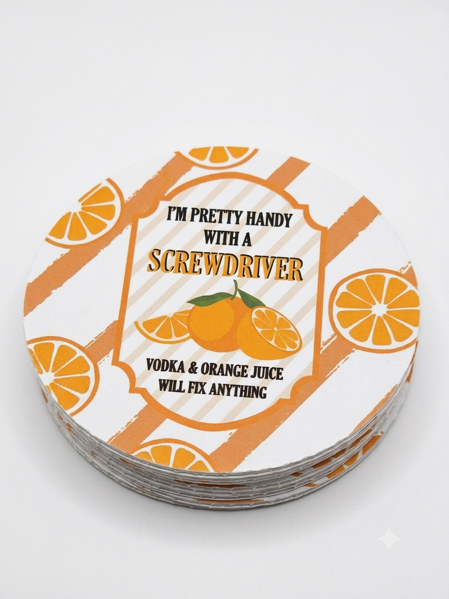 Pretty Handy With A Screwdriver" Funny Cocktail Drink Coaster | Durable, Waterproof, Lightweight Tabletop Protector for Home Bar, Kitchen, & Parties