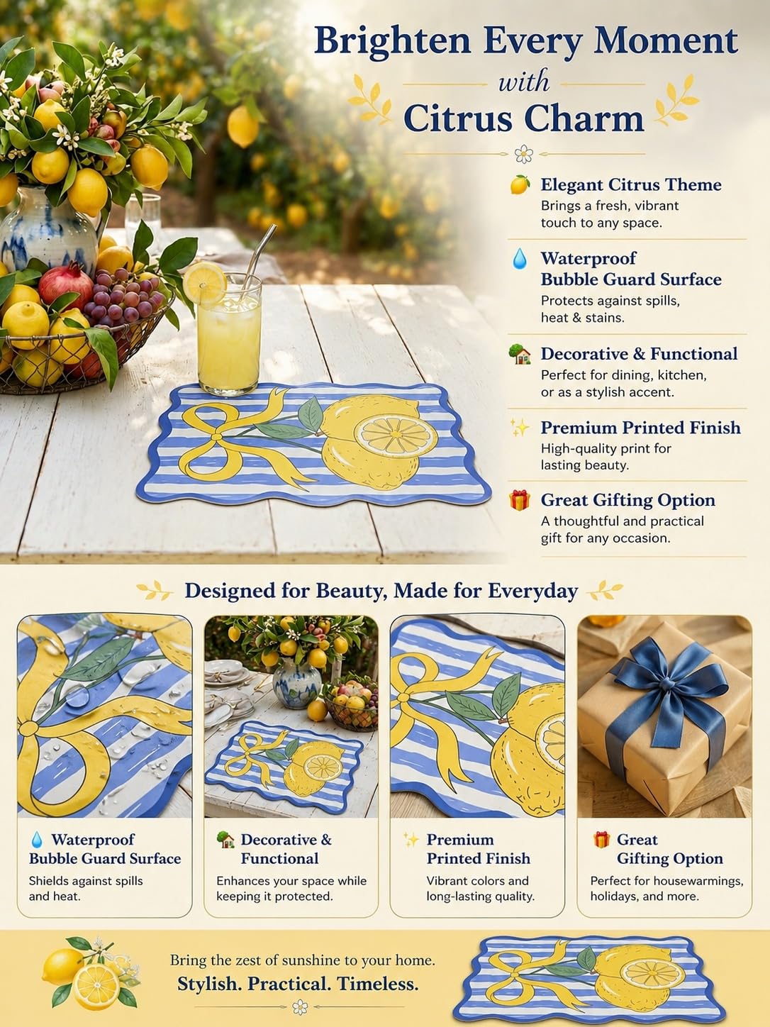 Lemon Fruit Bubble Guard Sheet Table Mat 16 x 11 Inches, Blue & White Striped Decorative Placemat with Lemon and Bow Design for Dining Table & Kitchen Decor
