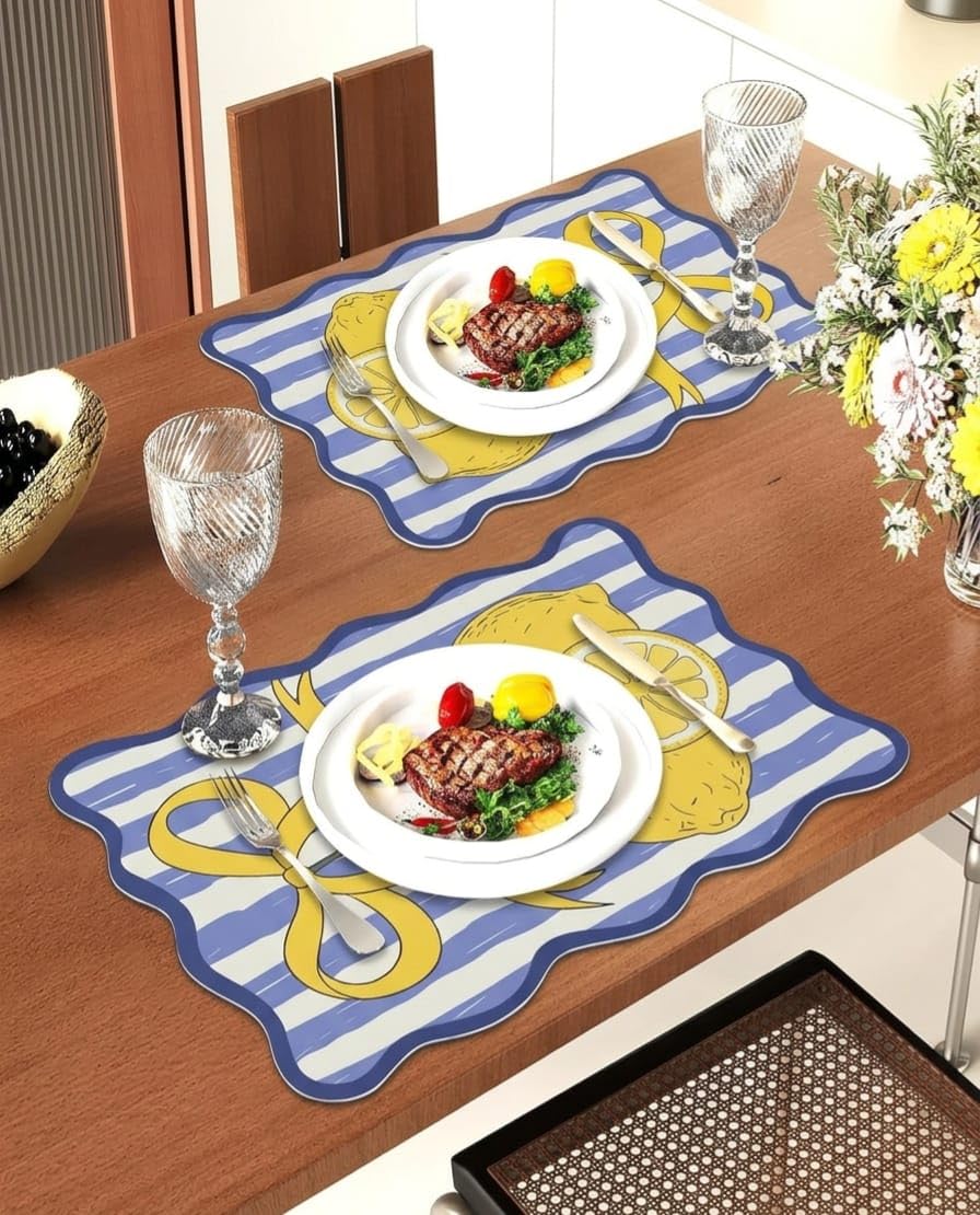 Lemon Fruit Bubble Guard Sheet Table Mat 16 x 11 Inches, Blue & White Striped Decorative Placemat with Lemon and Bow Design for Dining Table & Kitchen Decor