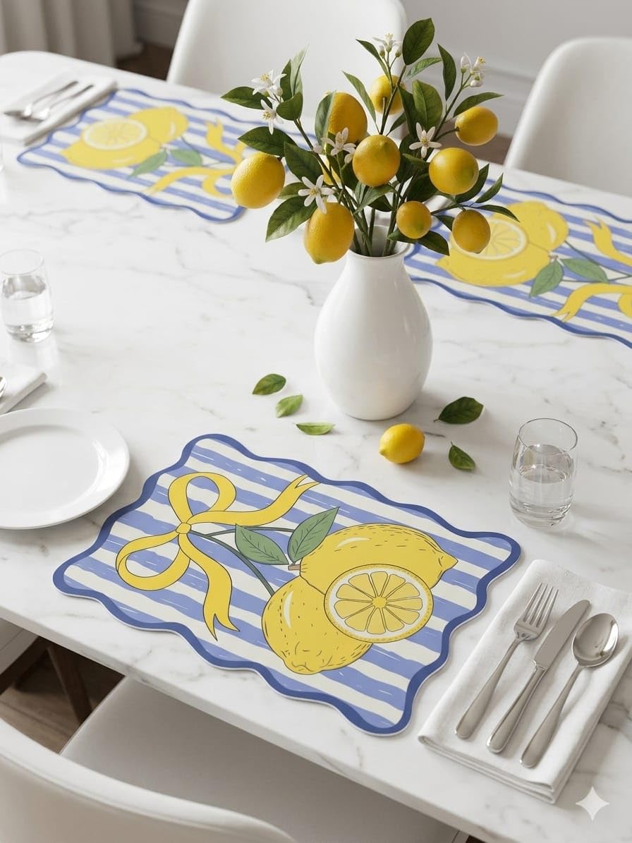 Lemon Fruit Bubble Guard Sheet Table Mat 16 x 11 Inches, Blue & White Striped Decorative Placemat with Lemon and Bow Design for Dining Table & Kitchen Decor