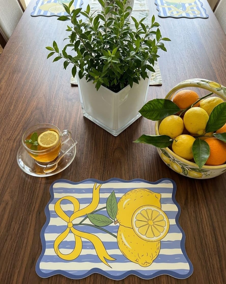 Lemon Fruit Bubble Guard Sheet Table Mat 16 x 11 Inches, Blue & White Striped Decorative Placemat with Lemon and Bow Design for Dining Table & Kitchen Decor