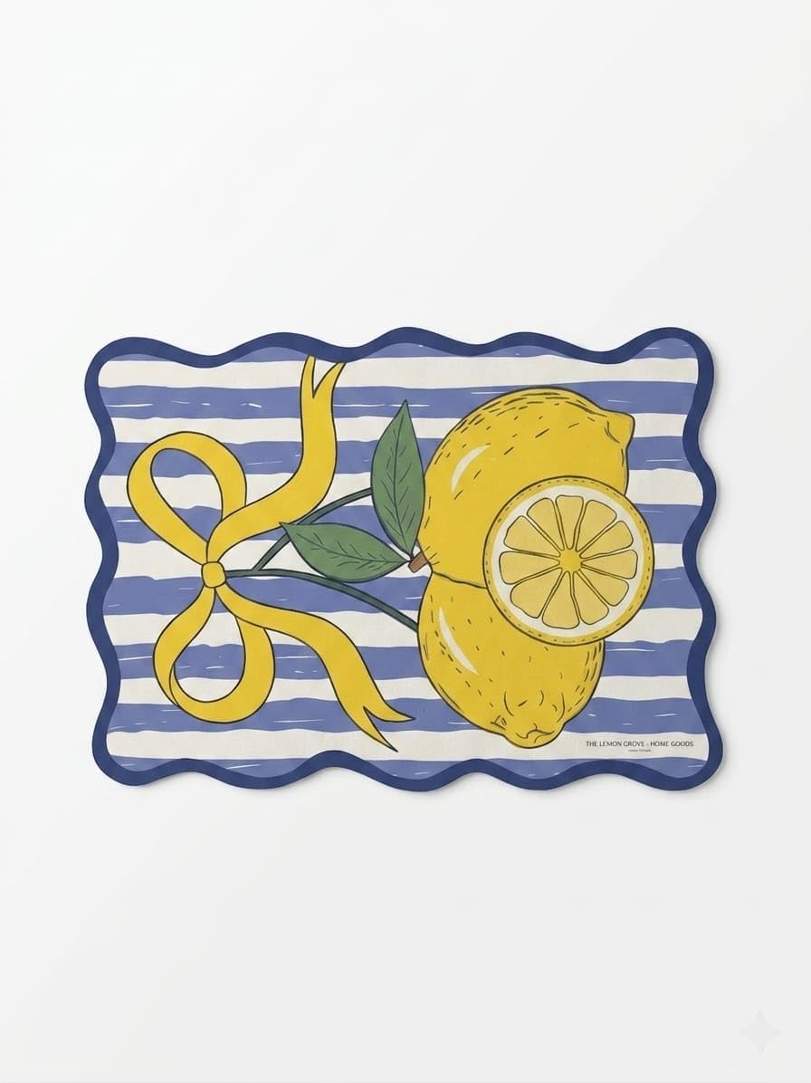 Lemon Fruit Bubble Guard Sheet Table Mat 16 x 11 Inches, Blue & White Striped Decorative Placemat with Lemon and Bow Design for Dining Table & Kitchen Decor