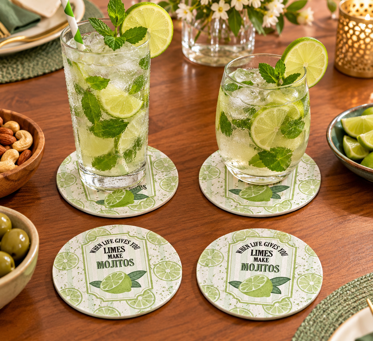 Round Bubble Guard Sheet Coaster 4-Inch – "When Life Gives You Limes Make Mojitos" Quote Print | Lightweight, Water-Resistant, Heavy-Duty Polypropylene Drink Mat for Home Bar, Kitchen, Desk & Outdoor Tables