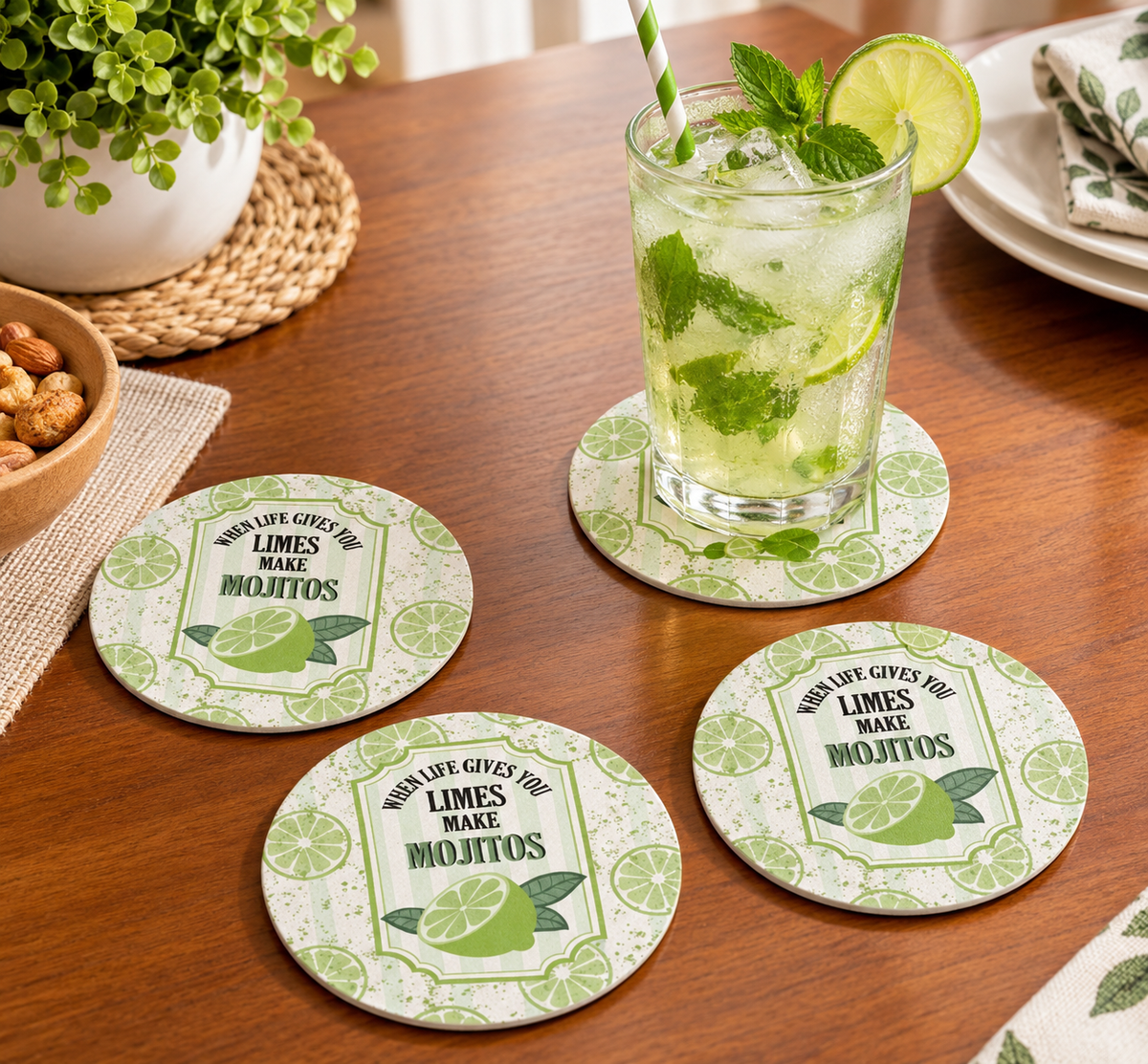 Round Bubble Guard Sheet Coaster 4-Inch – "When Life Gives You Limes Make Mojitos" Quote Print | Lightweight, Water-Resistant, Heavy-Duty Polypropylene Drink Mat for Home Bar, Kitchen, Desk & Outdoor Tables