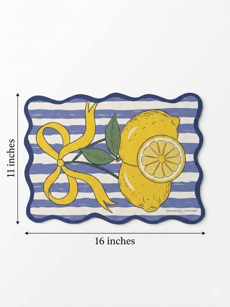 Lemon Fruit Bubble Guard Sheet Table Mat 16 x 11 Inches, Blue & White Striped Decorative Placemat with Lemon and Bow Design for Dining Table & Kitchen Decor