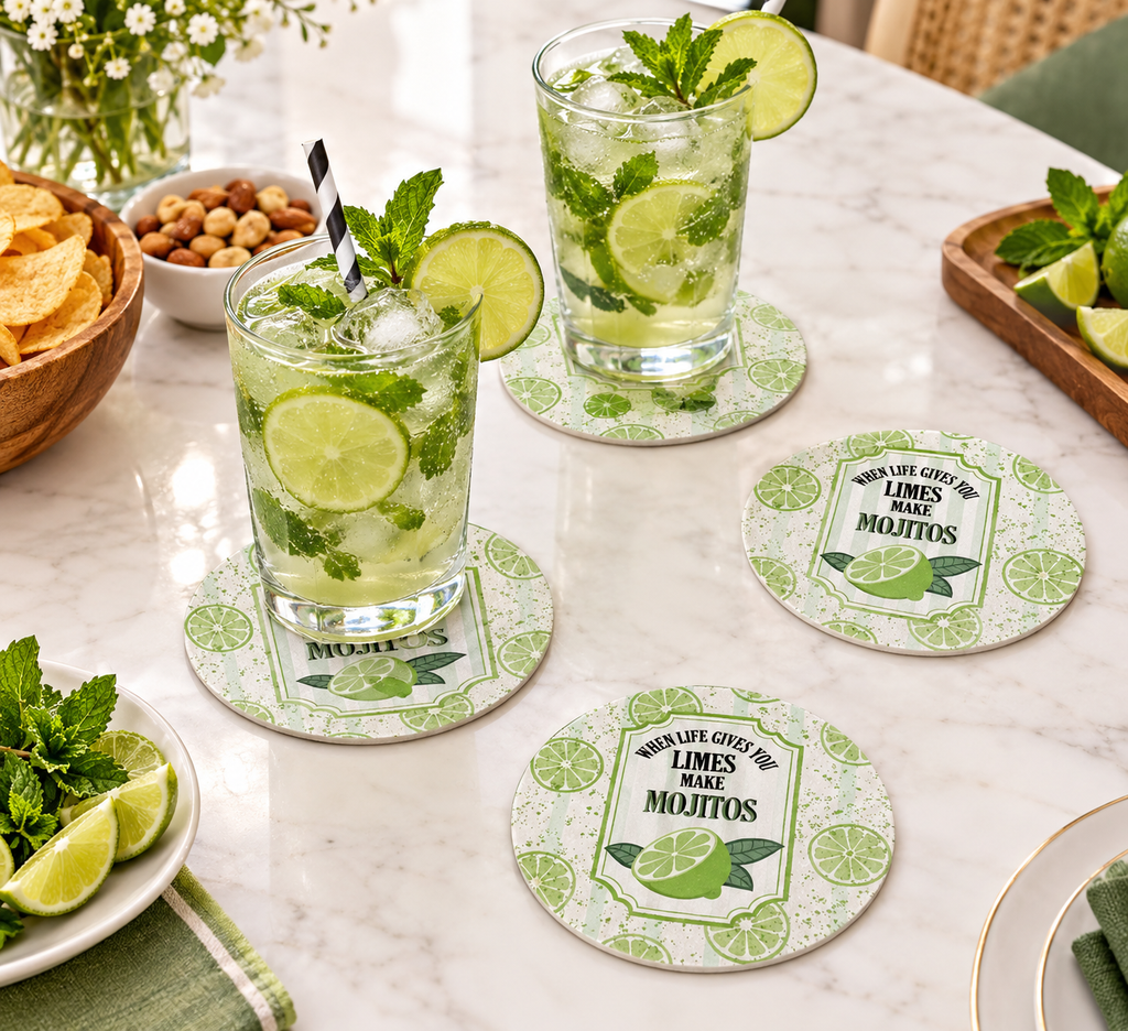 Round Bubble Guard Sheet Coaster 4-Inch – "When Life Gives You Limes Make Mojitos" Quote Print | Lightweight, Water-Resistant, Heavy-Duty Polypropylene Drink Mat for Home Bar, Kitchen, Desk & Outdoor Tables